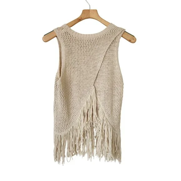 Michael Stars Crochet Fringe Knit Sleeveless Top Beige Soft Comfy Festival Boho - Picture 3 of 12
